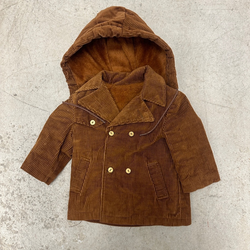 VTG 70s Sears Kids Coat 2T Hood Detachable Brown‎ Corduroy Sherpa Metal Buttons